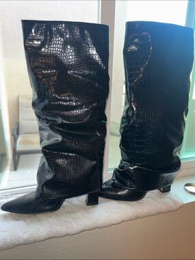 Amazon Black Croc-Embossed Over-the-Knee Boots for Women
